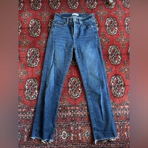 LOFT Classic Blue Denim High Waist Straight Jeans with raw edge